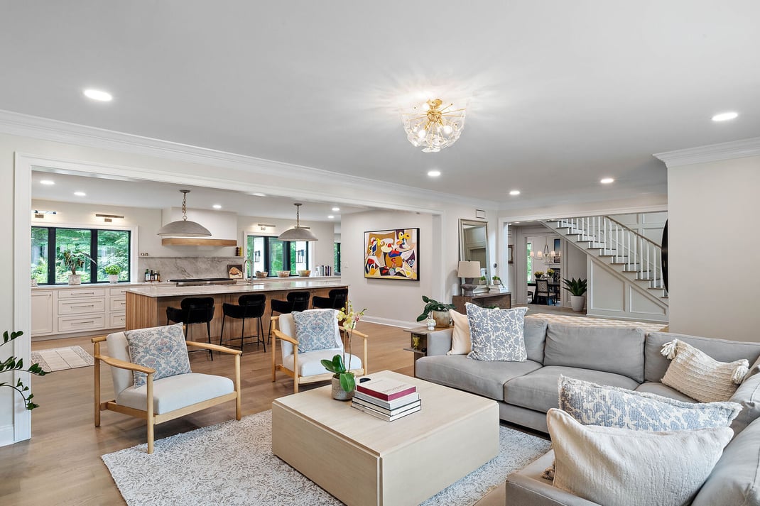 Open-concept living room and kitchen with modern seating, island bar, and natural light in a Delaware home
