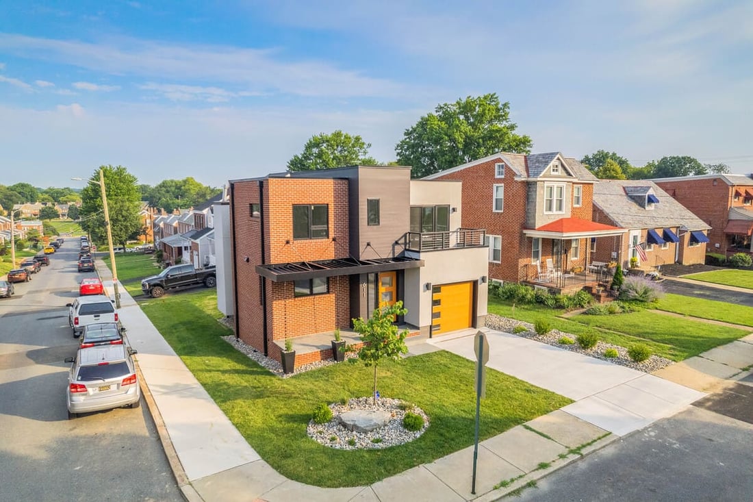 Drone view of luxury custom home in Wilmington, Delaware by Bromwell Construction