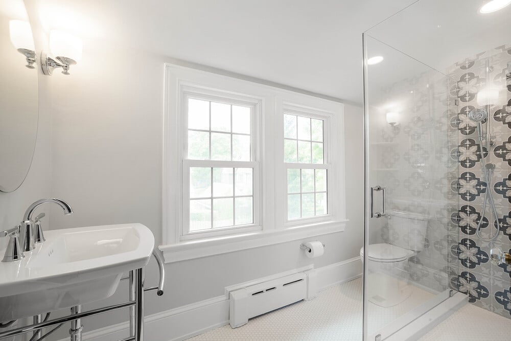 Luxury Delaware bathroom remodel with walk-in shower and mosaic tiling