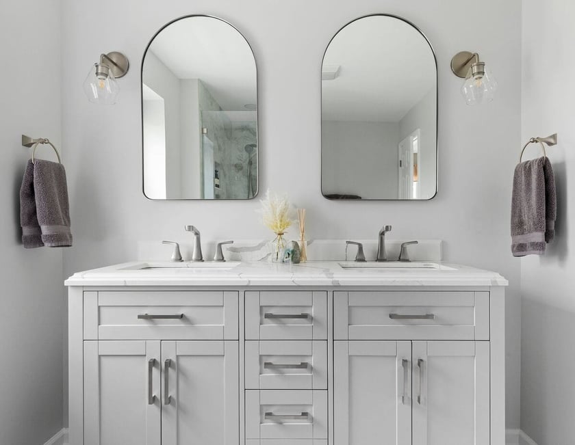 Modern light gray double vanity with shaker cabinets in Wilmington, DE bathroom remodel