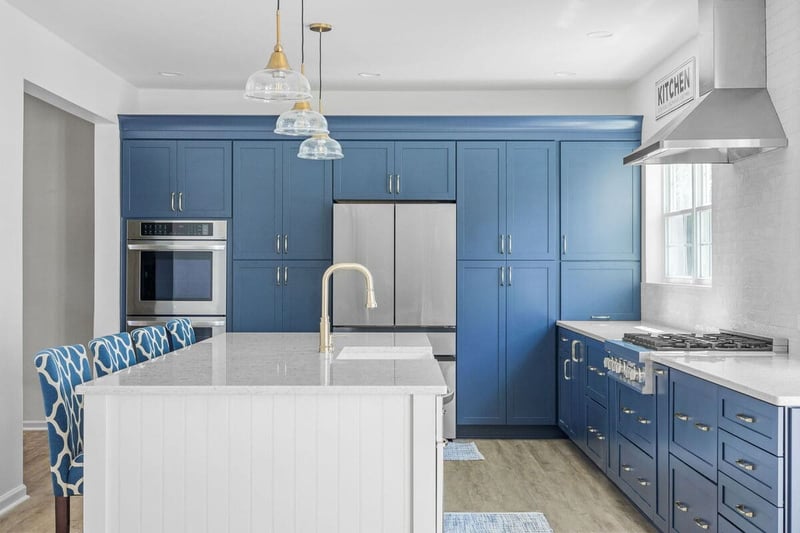 Blue modern kitchen remodel with white kitchen island
