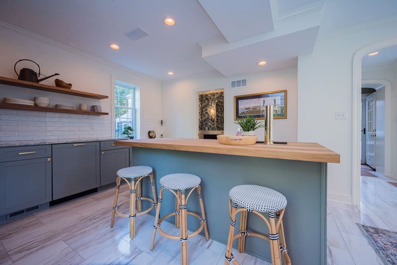 Wood countertop on kitchen island with seating