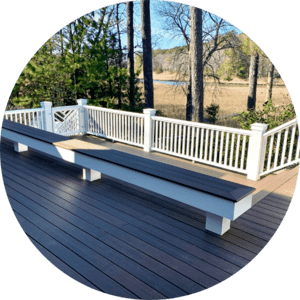 Wooden deck stairs with white and gray railings